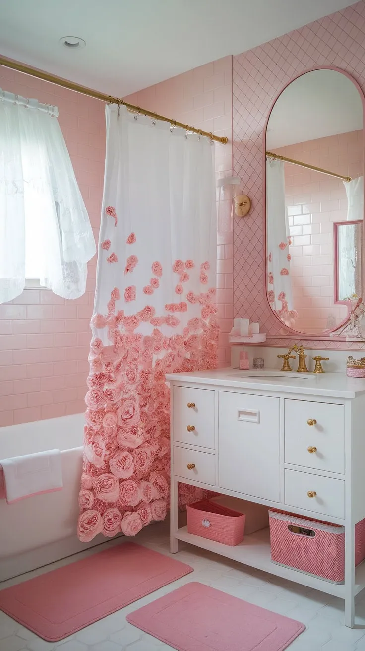 This accessory bathroom proves that even small spaces can be luxurious. Spa-inspired bathroom decor and apartment ideas collide in this pink paradise, a perfect girly gift idea.