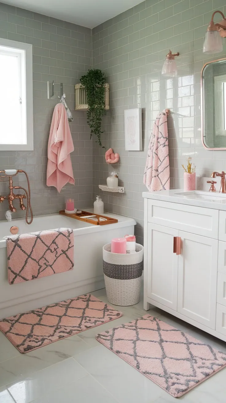 This spa-inspired accessory bathroom boasts a dreamy aesthetic perfect for apartment living. Rose gold fixtures complement the white bathtub and vanity, creating a luxurious feel. The pink and grey rug, bath mat, and candle add a touch of girly charm, making it the ultimate space for relaxation and a fantastic girly gift idea for anyone who appreciates stylish bathroom decor.