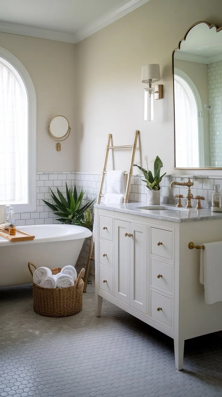 Transform your small space into a luxurious retreat with this spa-inspired accessory bathroom design. White fixtures, a marble vanity, and a chic brass faucet create a sophisticated atmosphere. This bathroom apartment idea is effortlessly stylish and would make a wonderful girly gift idea. The subtle grey and white hexagonal tiles and decorative mirrors complete the look.