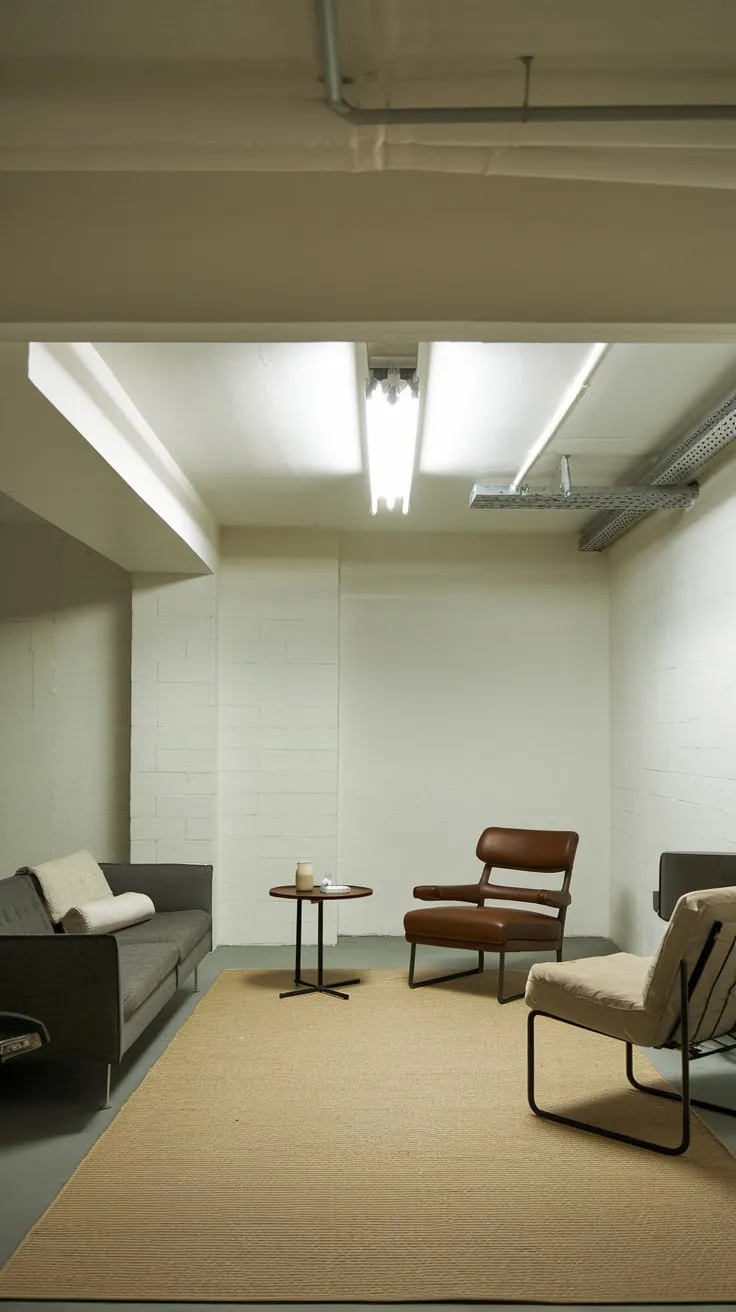 Cozy Modern Basement with Low Ceiling and Furniture