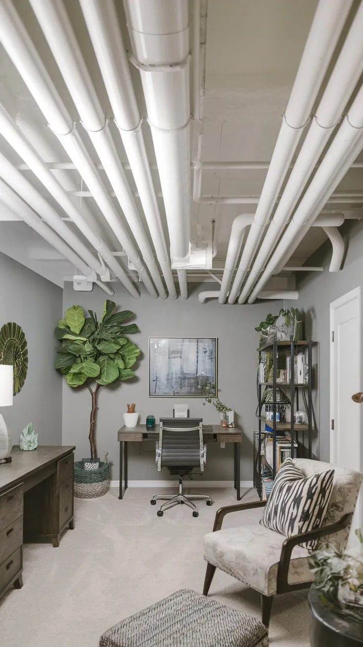 Stylish Modern Basement Featuring Affordable Industrial Ceiling Design
