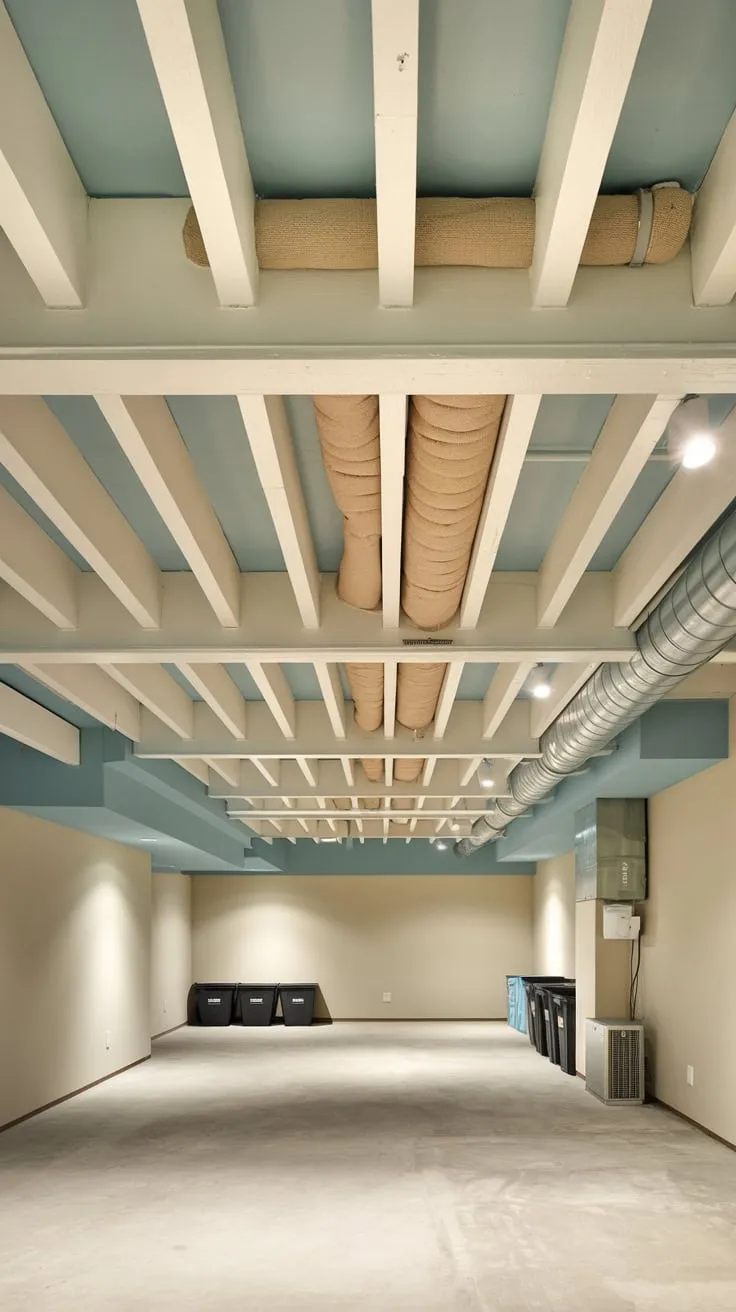 Stylish Modern Basement Ceiling with Exposed Beams