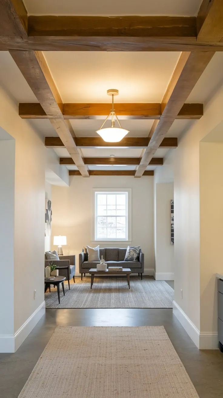 Stylish Modern Basement with Affordable Wooden Beam Ceiling