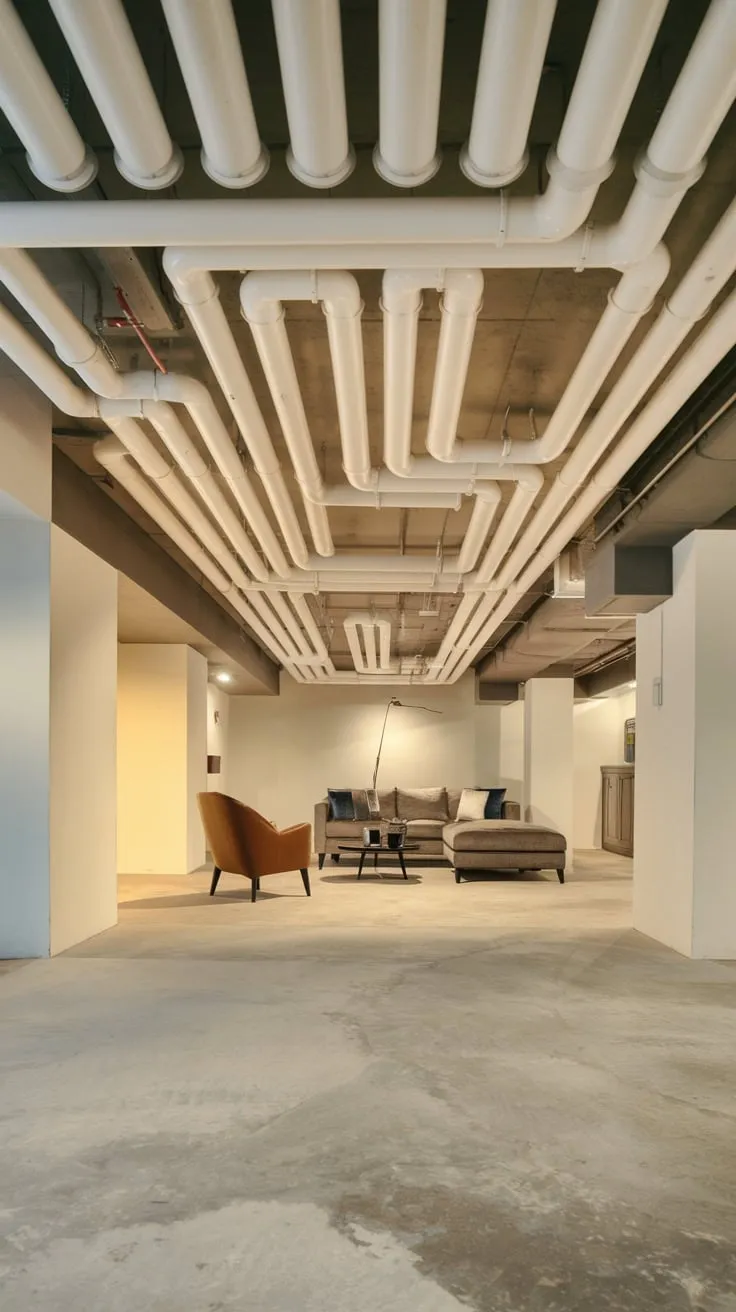Stylish Modern Basement Featuring Unique White Pipe Ceiling