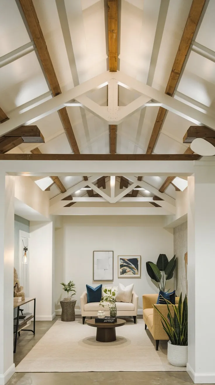 Stylish Modern Basement with Exposed Beams and Decor