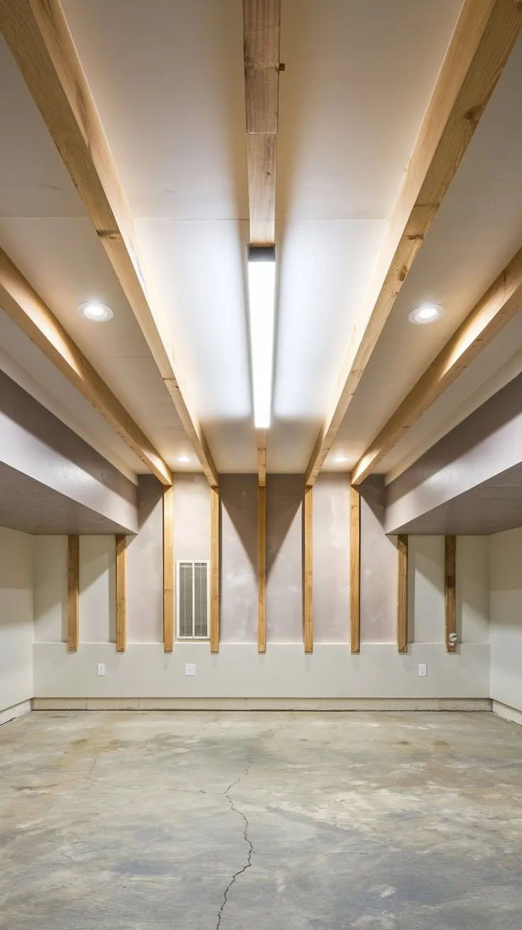 Modern Affordable Basement Ceiling with Exposed Beams