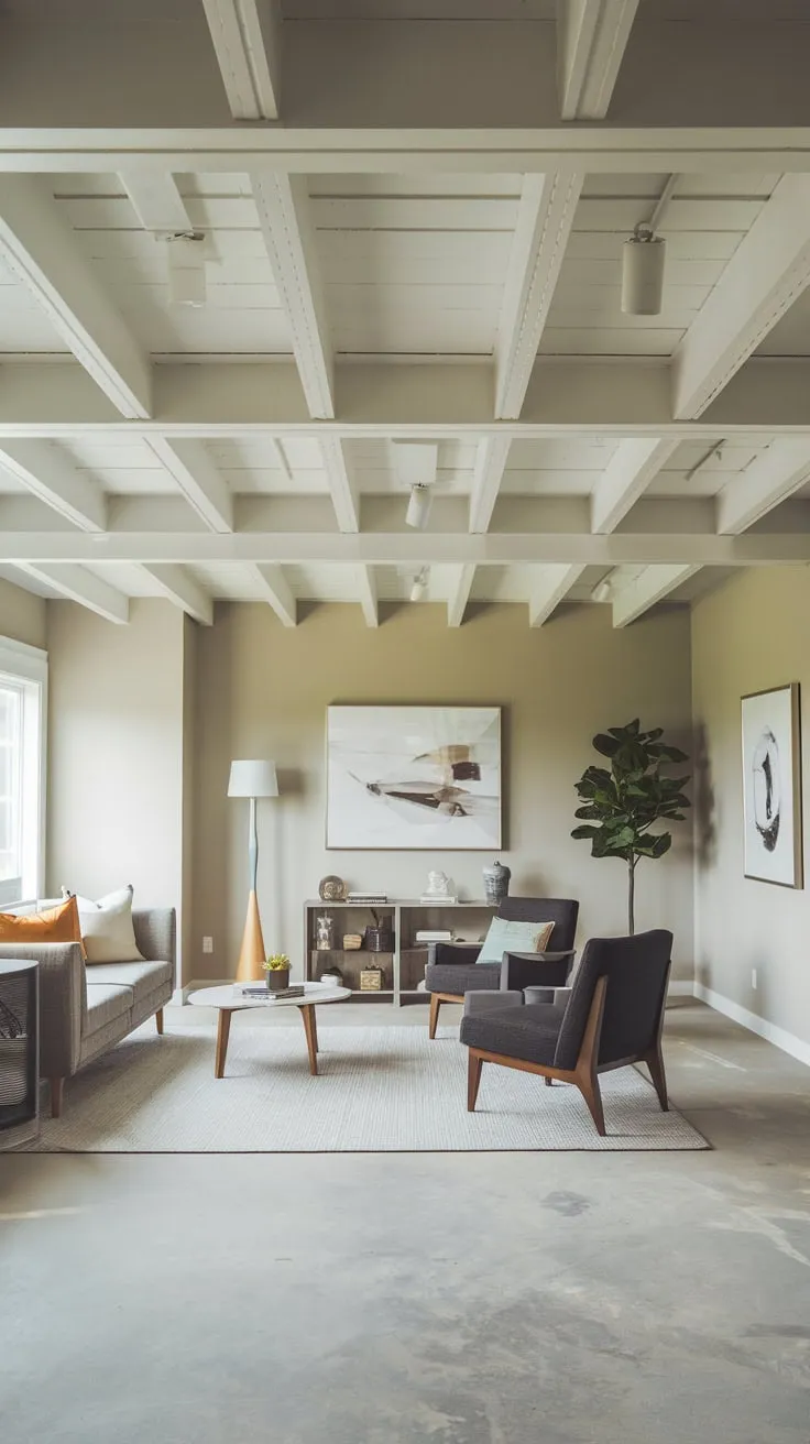 Stylish Modern Basement with Affordable White Beam Ceiling