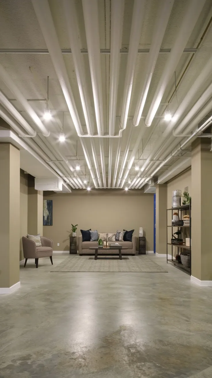 Stylish Modern Basement Featuring Unique PVC Pipe Ceiling