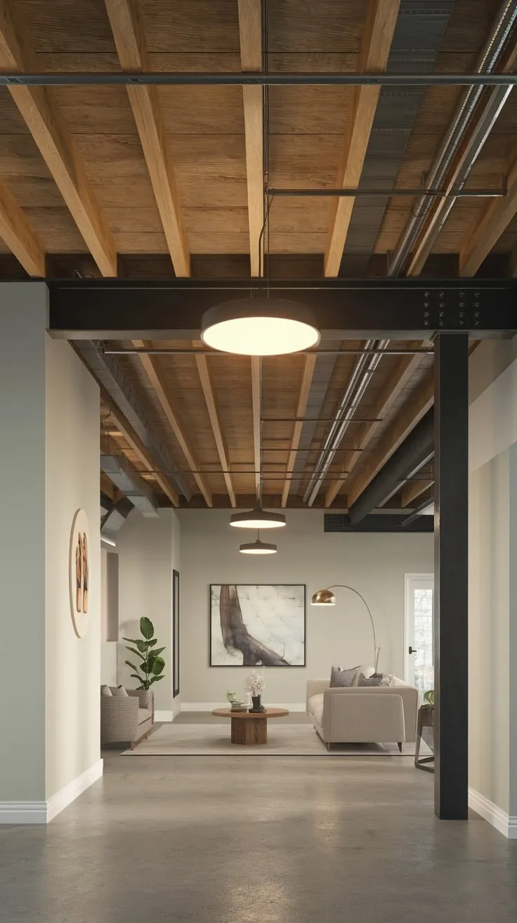 Stylish Modern Basement with Exposed Beams and Lights