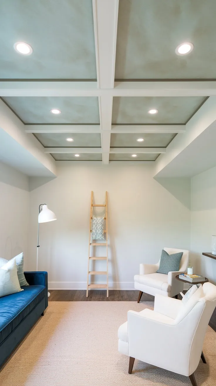 Stylish Modern Basement with Affordable Light Grey Ceiling