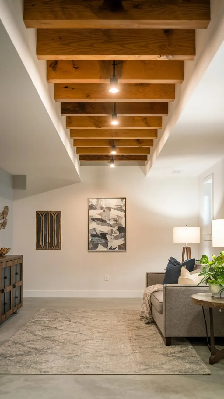 Stylish Modern Basement with Affordable Wooden Beam Ceiling