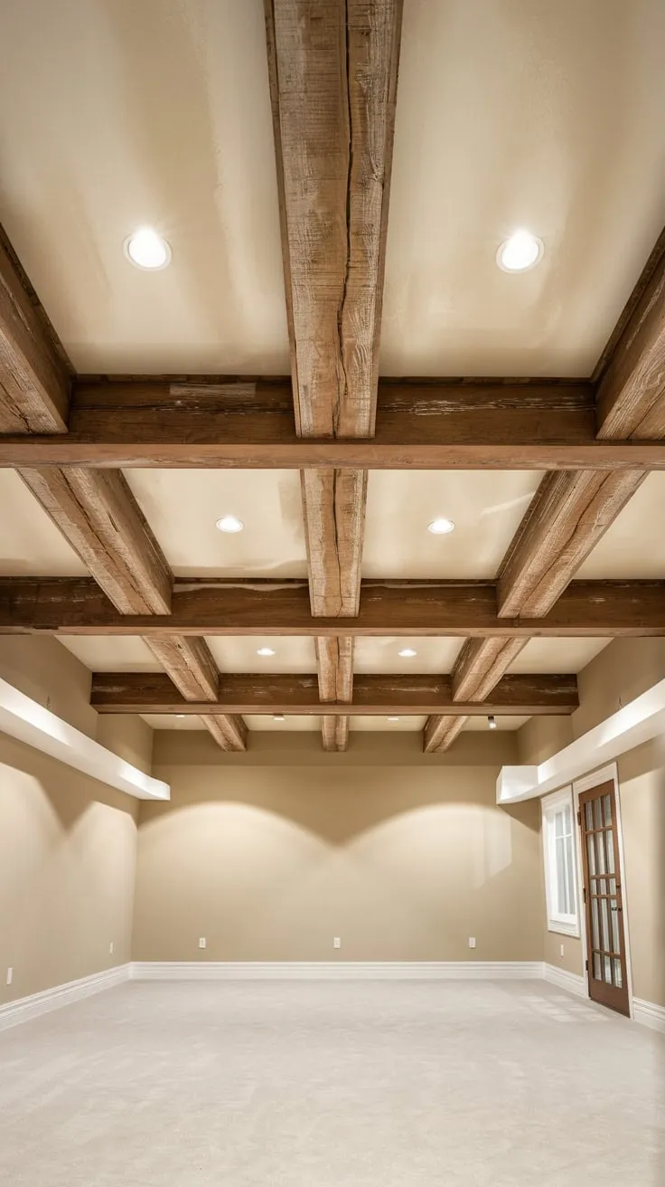 Stylish Modern Basement Ceiling with Wooden Beams