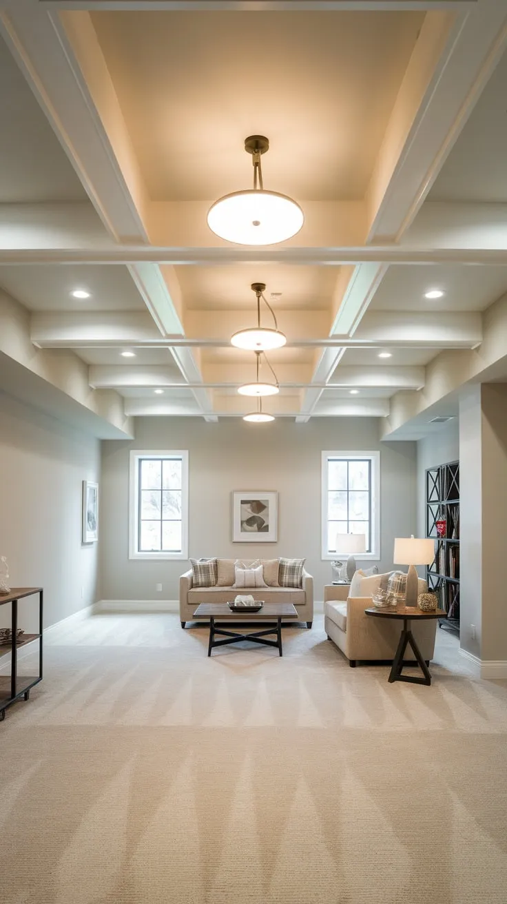 Inviting Modern Basement with Stylish Affordable Ceiling Design