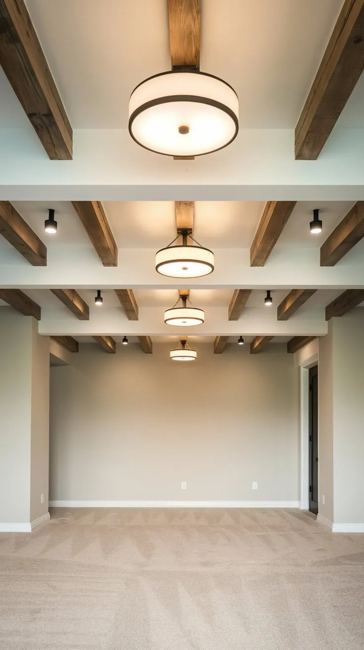 Stylish Modern Basement Ceiling with Exposed Beams