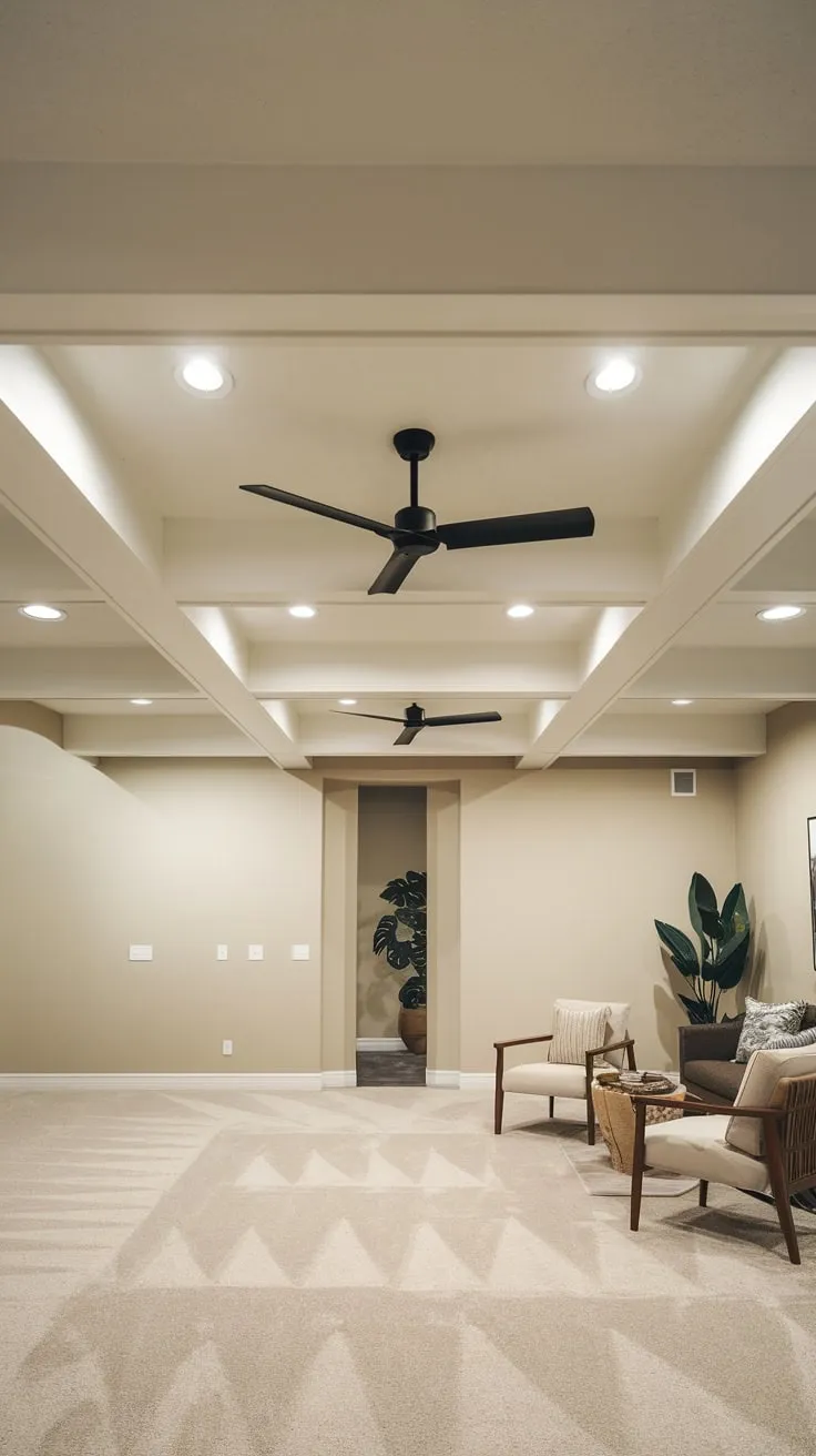 Stylish Modern Basement with Exposed Beams and Comfort