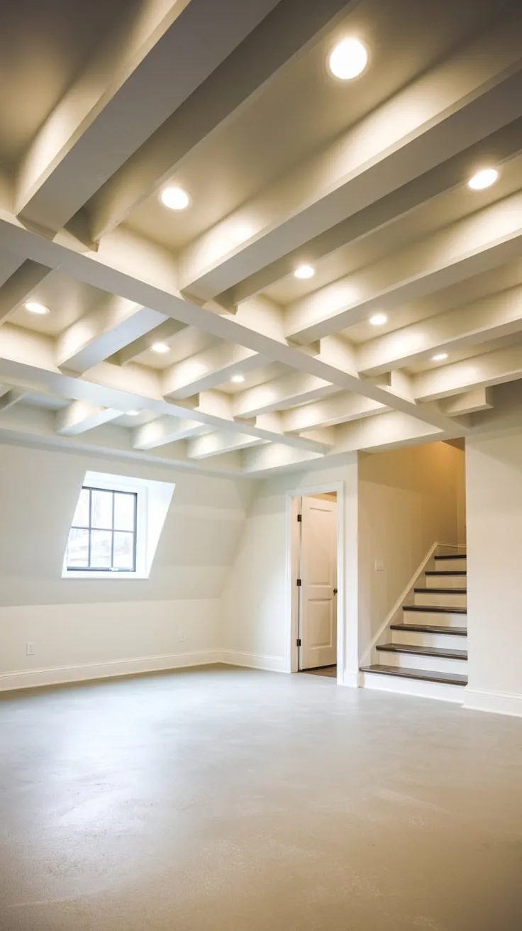 Modern Affordable Basement Ceiling with Exposed Beams