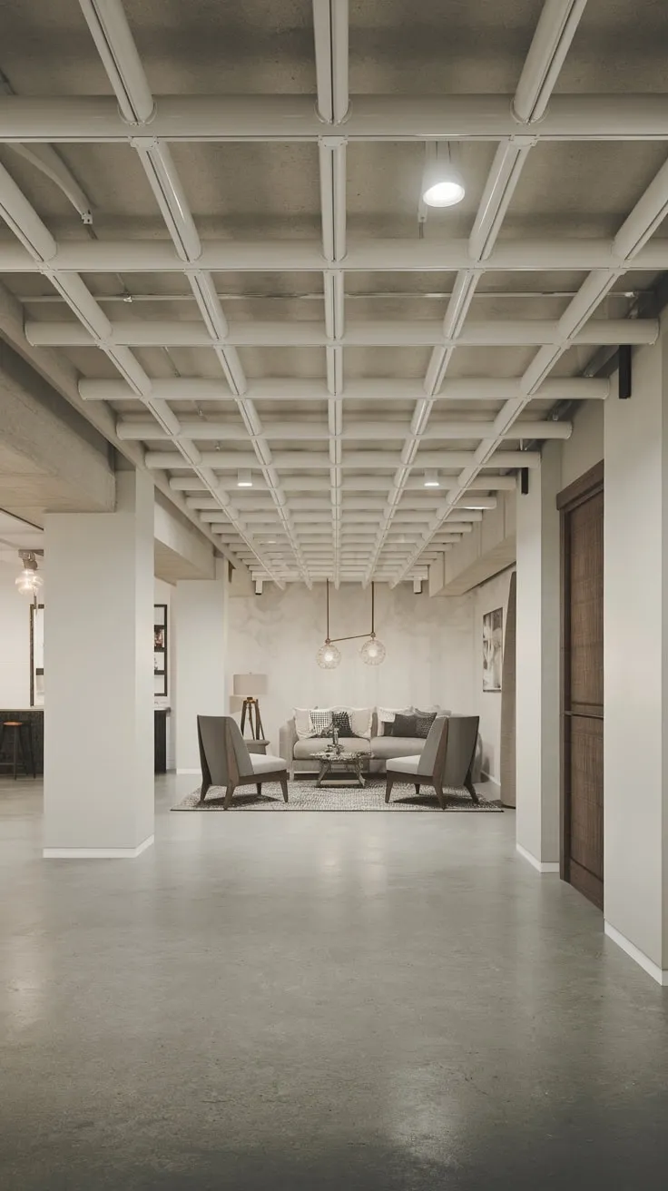 Stylish Modern Basement Featuring Affordable PVC Ceiling Design
