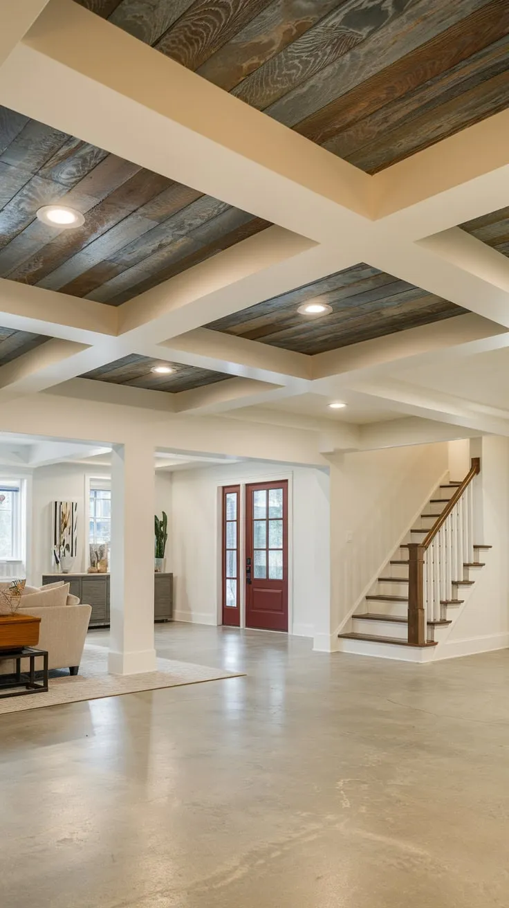 Stylish Modern Basement with Exposed Beams and Lighting