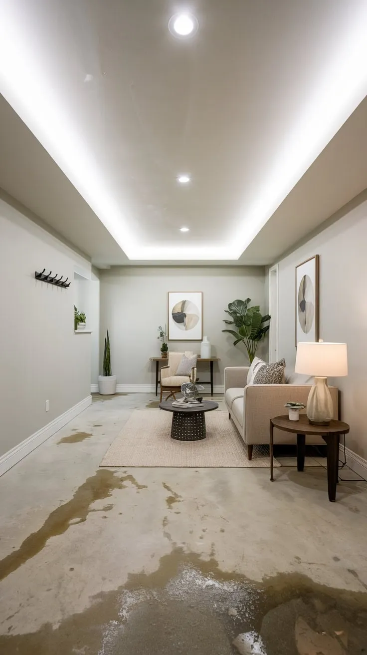 Stylish Budget-Friendly Basement with Modern Ceiling Design