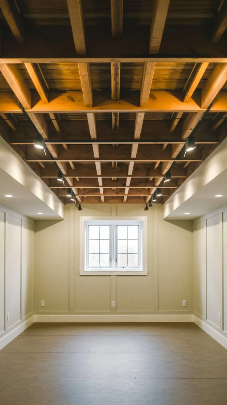 Stylish Basement Ceiling with Exposed Beams and Lights