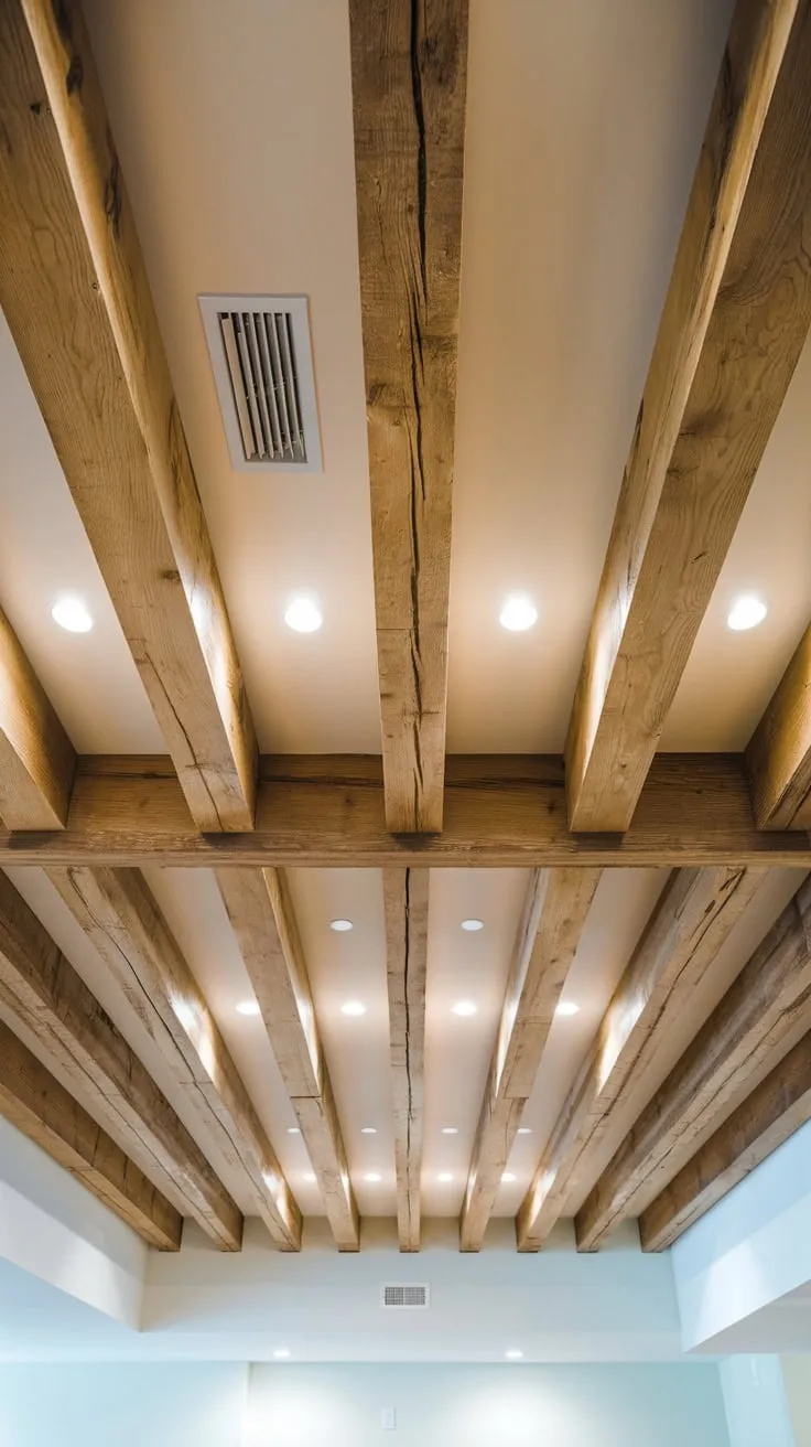 Sustainable Wooden Beams Illuminate Modern Basement Ceiling