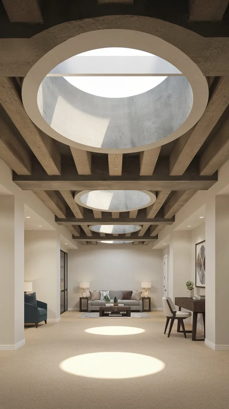 Modern Basement Design with Exposed Beams and Light