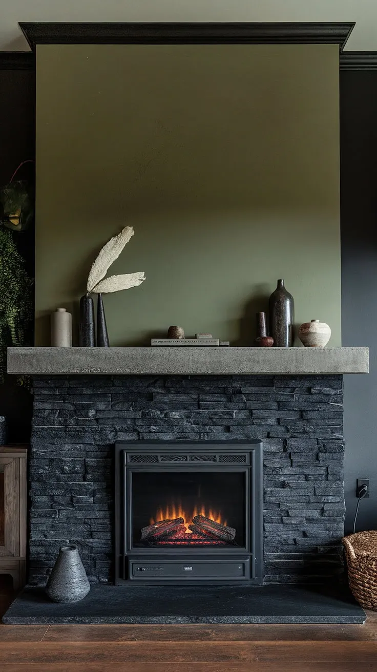 A black brick fireplace, actually a sophisticated black stack stone fireplace, creates a captivating ambiance in this dark color scheme living room. The concrete mantle fireplace is adorned with unique mantle decor, set against a striking green wall fireplace. This alcove fireplace is the perfect example of modern fireplace decor, offering cozy cottage electric fireplace functionality within a stylish design.