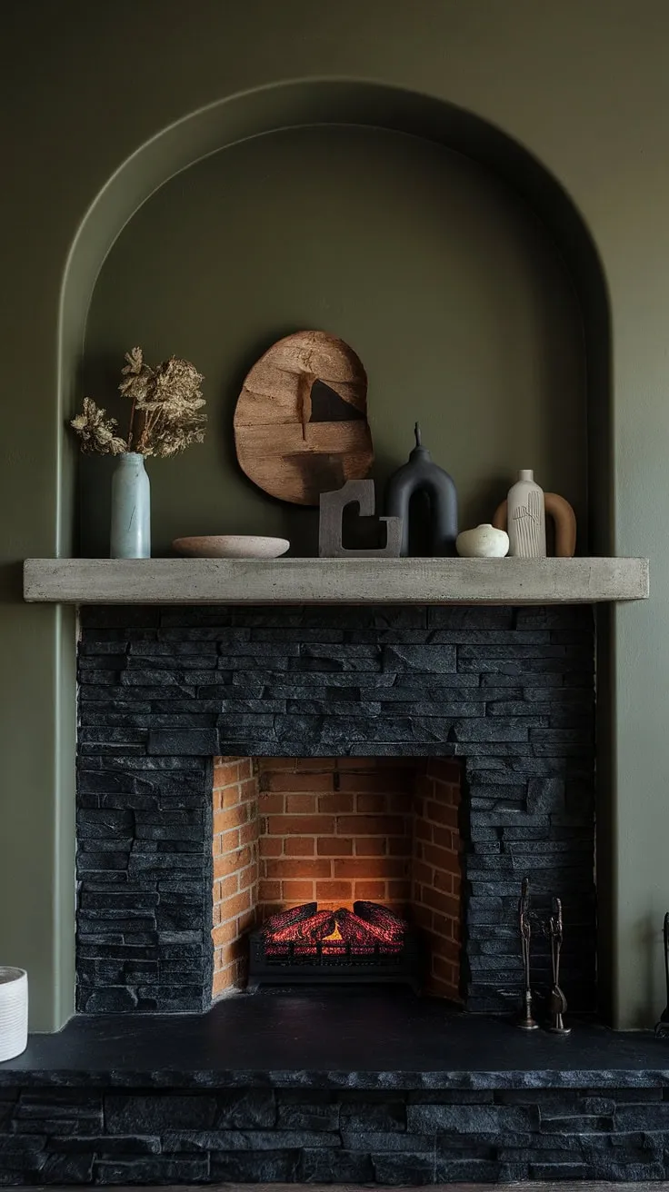This alcove fireplace, a showstopper of black stack stone, commands attention with its modern fireplace decor. The concrete mantle fireplace, adorned with unique mantle decor, perfectly complements the rich green wall fireplace, creating a cozy and rustic ambiance.  Living room fireplace ideas don't get much more captivating than this dark color fireplace, especially with the added warmth of the cottage electric fireplace.