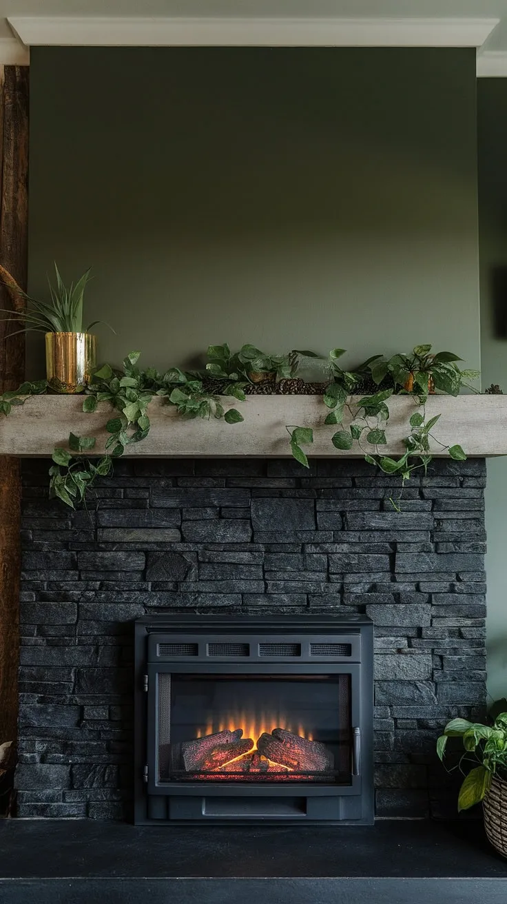 This dark color fireplace, a black brick fireplace crafted from black stack stone, anchors this modern living room.  The alcove fireplace's unique mantle decor, brimming with greenery, pops against the green wall fireplace.  A concrete mantle fireplace adds a touch of rusticity, while the cottage electric fireplace provides cozy warmth.  Discover inspiring living room fireplace ideas with this stunning design.