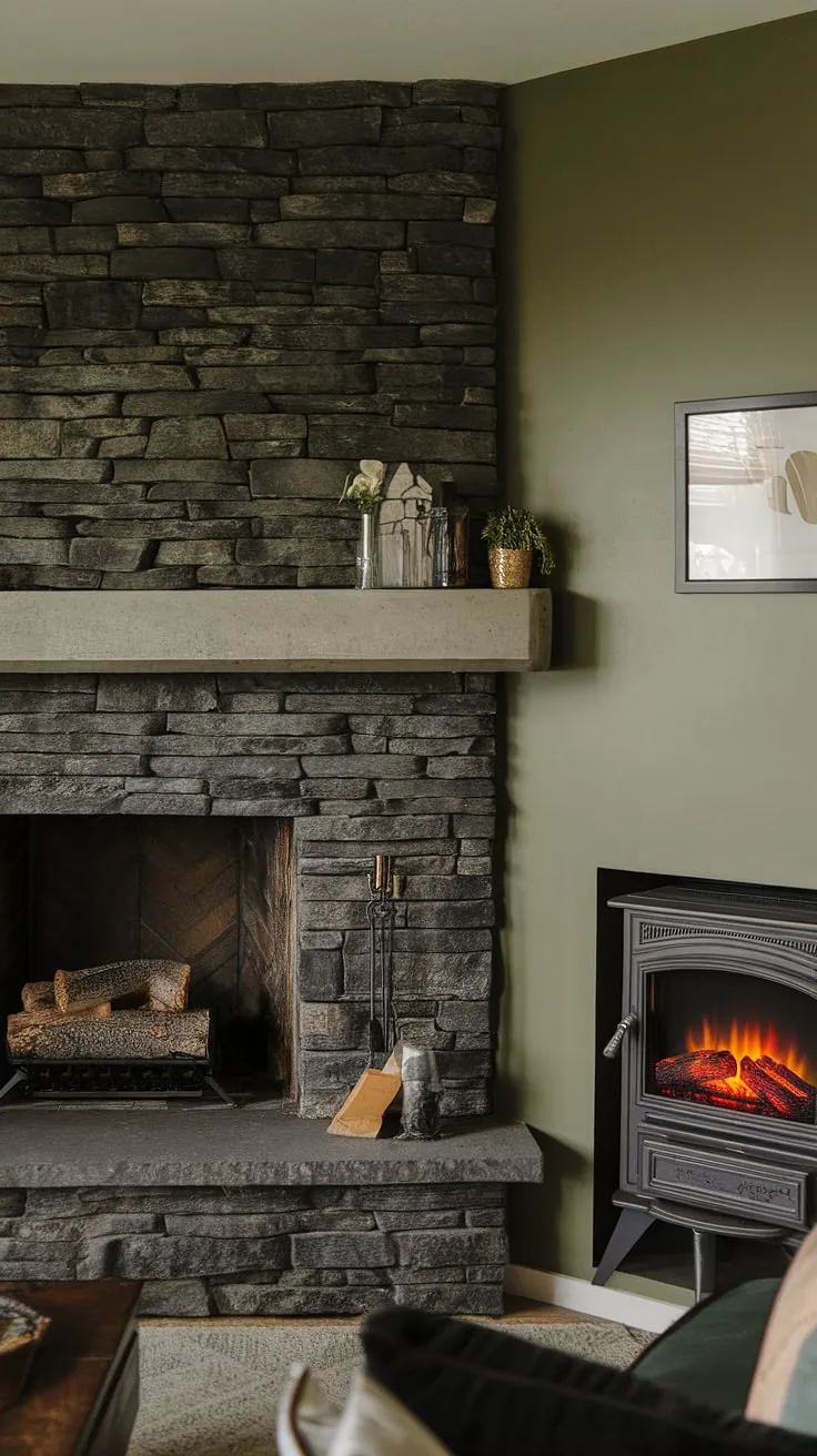 A sophisticated sanctuary: this living room showcases a stunning black stack stone fireplace, featuring a unique concrete mantle fireplace. The green wall fireplace provides a vibrant backdrop to the dark color fireplace and its modern fireplace decor.  This alcove fireplace is the heart of the space, blending seamlessly with the cottage electric fireplace and offering inspiring living room fireplace ideas. The black brick fireplace adds a touch of rustic charm to this modern design.
