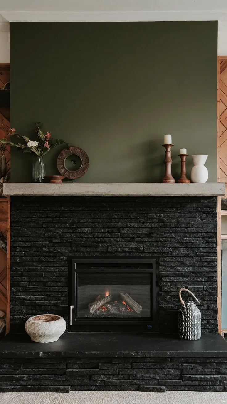 This living room's focal point? A stunning alcove fireplace, clad in black stack stone and boasting a concrete mantle. The dark color fireplace, a modern fireplace decor dream, is perfectly complemented by the green wall fireplace and unique mantle decor.  This cottage electric fireplace offers cozy warmth, showcasing innovative living room fireplace ideas.