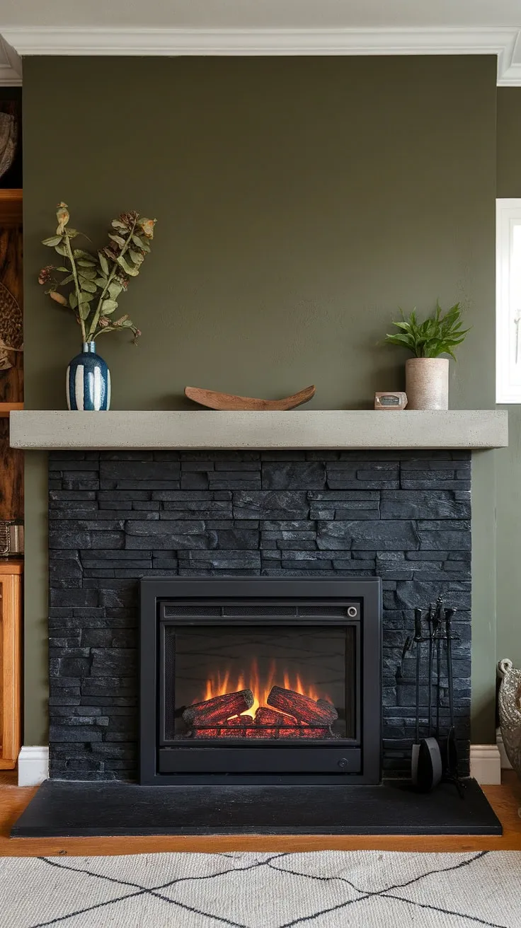 This cottage living room gets a modern upgrade with a stunning alcove fireplace. The black stack stone fireplace, featuring a unique concrete mantle, creates a dramatic focal point against the calming green wall.  This dark color fireplace offers the warmth of a traditional hearth with the convenience of an electric cottage fireplace, showcasing the best of modern fireplace decor and living room fireplace ideas.