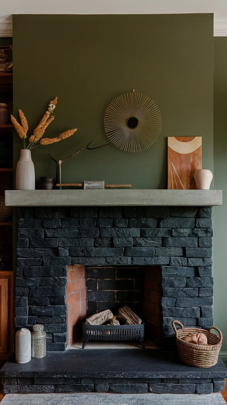 Cozy up by the warmth of this unique living room fireplace.  The black stack stone fireplace, a striking dark color fireplace, is nestled in a green wall alcove, its concrete mantle showcasing modern fireplace decor and unique mantle decor. This cottage electric fireplace offers the perfect blend of modern and rustic charm, providing endless living room fireplace ideas.