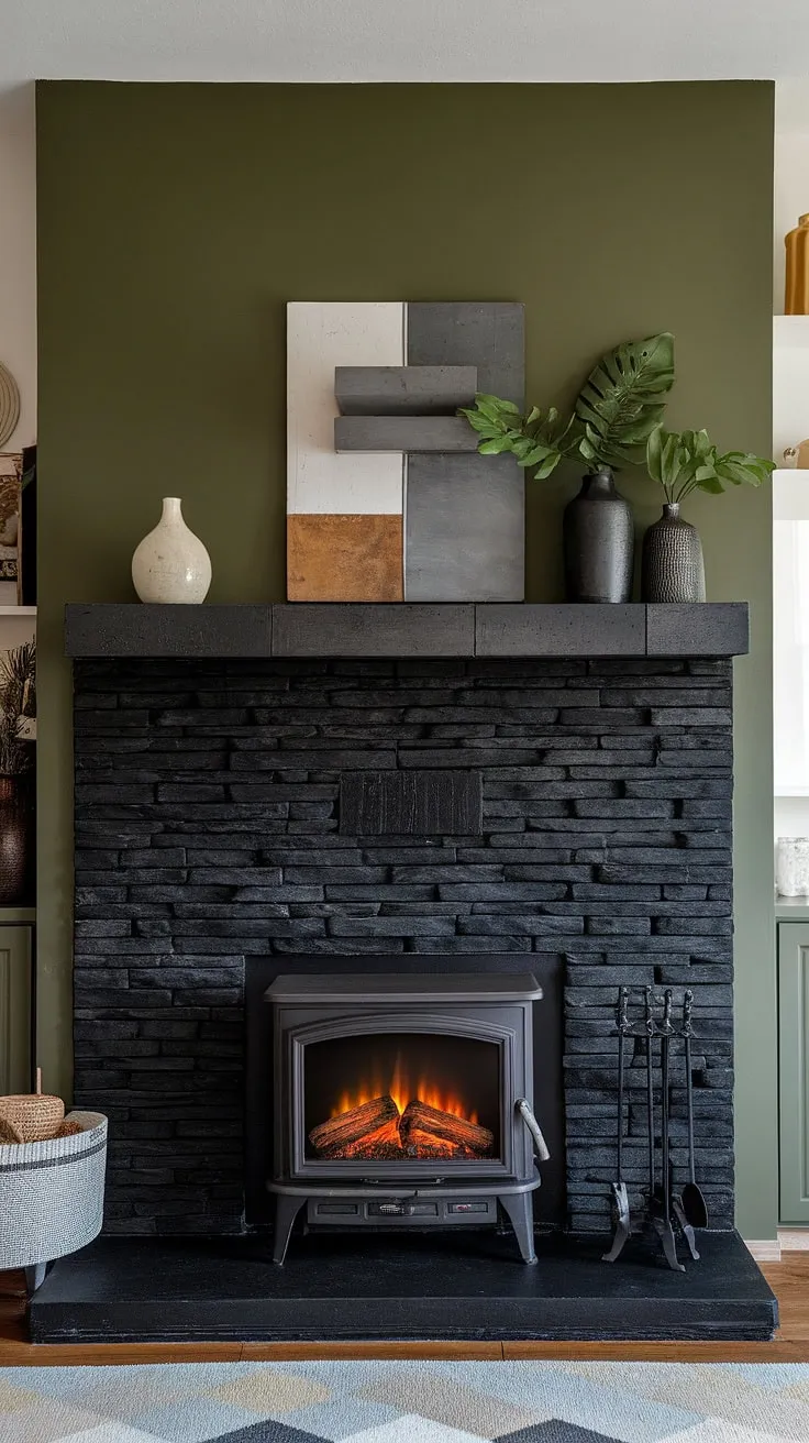 This living room's focal point is a stunning alcove fireplace, showcasing a dramatic black stack stone fireplace with a unique mantle decor.  The concrete and black brick elements of the mantle perfectly complement the dark color fireplace, while the cottage electric fireplace nestled against the green wall adds a touch of modern fireplace decor.  This is the ultimate inspiration for living room fireplace ideas.