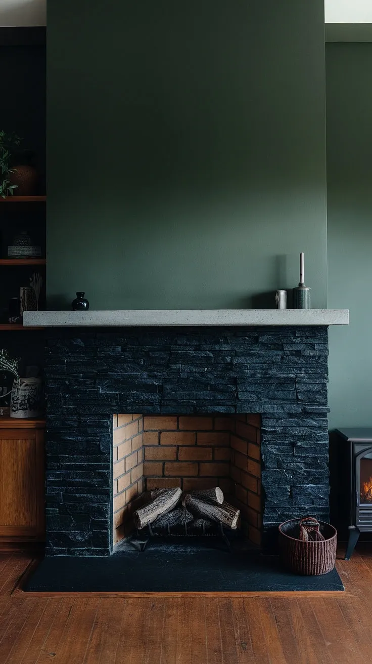 A sophisticated blend of textures and tones defines this living room. The black stack stone fireplace, featuring a concrete mantle fireplace, creates a dramatic focal point.  The green wall fireplace backdrop complements the dark color fireplace perfectly, while the cottage electric fireplace adds a touch of modern convenience. This unique mantle decor and alcove fireplace design offers endless living room fireplace ideas.
