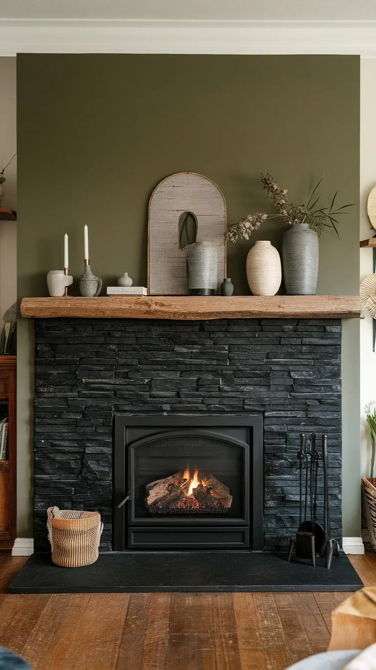 This living room's focal point is a stunning alcove fireplace, showcasing a modern fireplace decor with a black stack stone fireplace exterior. The unique mantle decor, set against a sophisticated green wall fireplace, elevates the space.  A smaller cottage electric fireplace adds cozy ambiance, complementing the dark color fireplace's dramatic presence.  This is prime inspiration for living room fireplace ideas. The concrete mantle fireplace perfectly anchors the black brick fireplace's rugged texture against the warm wood floors.