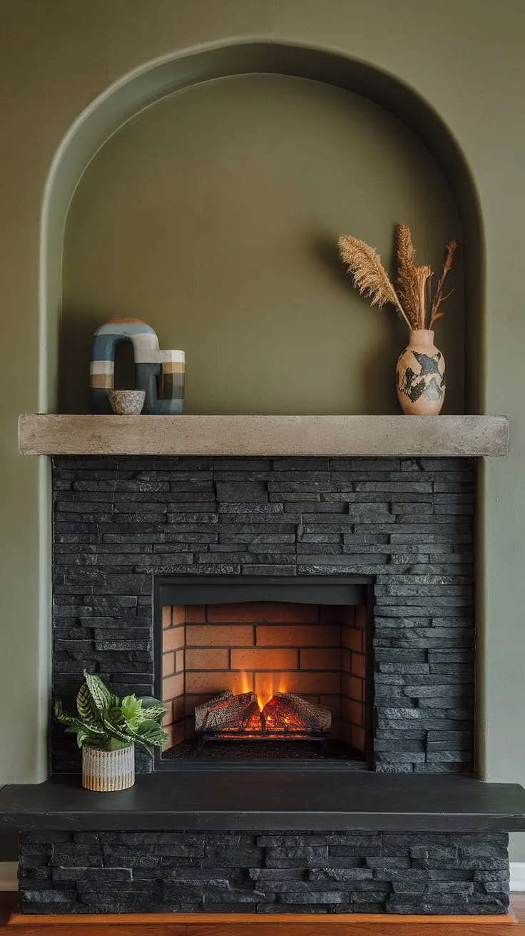 Cozy nights are made for this living room, featuring a stunning alcove fireplace. The black stack stone fireplace, with its dark color interior and unique concrete mantle decor, is a showstopper against the calming green wall. This modern fireplace decor, a blend of cottage electric fireplace charm and sleek black brick fireplace design, offers the perfect living room fireplace ideas for a warm and inviting atmosphere.