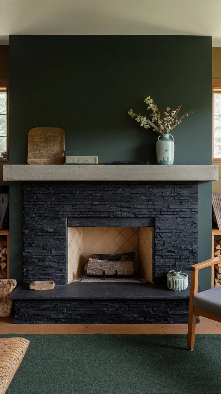Cozy cottage vibes meet modern design with this alcove fireplace. The black stack stone fireplace, boasting a unique concrete mantle, anchors the dark green wall, creating a dramatic yet inviting focal point.  This living room fireplace idea perfectly blends rustic charm with contemporary style, showcasing the beauty of a dark color fireplace in a cottage setting. The cottage electric fireplace offers warmth and ambiance without sacrificing style.