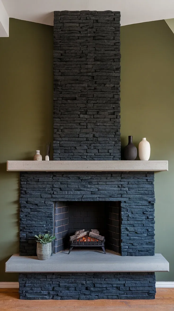 This green wall provides the perfect backdrop for this stunning alcove fireplace, a showstopper of modern fireplace decor. The black stack stone fireplace, with its dark color interior and unique concrete mantle fireplace, offers a sophisticated contrast.  This cottage electric fireplace is the perfect blend of rustic charm and modern design, showcasing some of the best living room fireplace ideas.