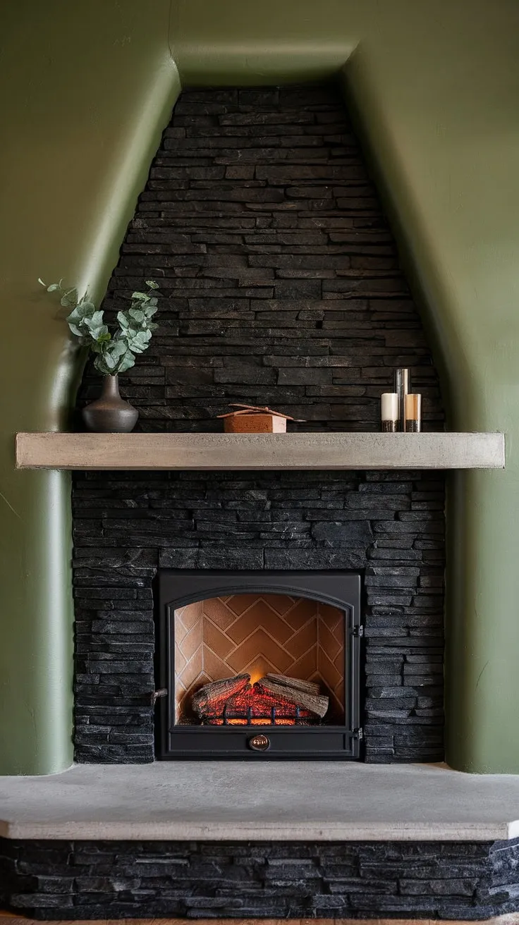 This alcove fireplace, a stunning blend of modern fireplace decor and rustic charm, anchors the living room. The black stack stone fireplace, with its unique concrete mantle, creates a dramatic focal point against the green wall fireplace.  The dark color fireplace offers a sophisticated contrast, while the cottage electric fireplace provides cozy warmth. This design showcases innovative living room fireplace ideas.