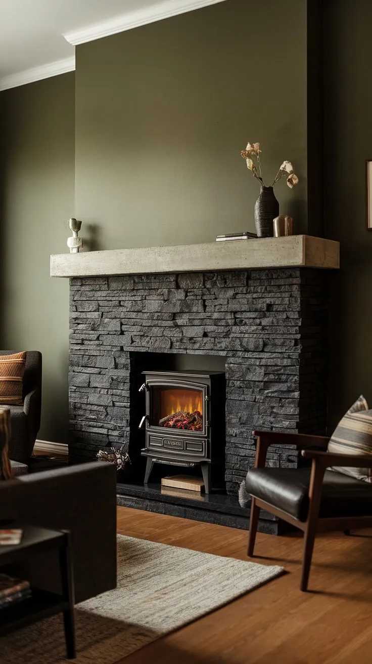 This cozy living room boasts a stunning alcove fireplace, featuring a modern fireplace decor with a black stack stone fireplace and a unique concrete mantle fireplace. The dark color fireplace beautifully complements the green wall fireplace, offering a sophisticated take on living room fireplace ideas.  A charming cottage electric fireplace adds extra warmth.