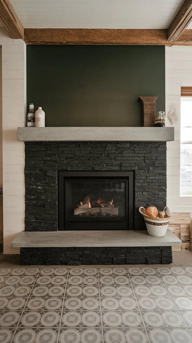 This living room's black brick fireplace, a modern fireplace decor masterpiece, is the heart of the home.  The alcove fireplace, with its black stack stone facade and green wall backdrop, is both striking and inviting.  The concrete mantle fireplace boasts unique mantle decor, adding a touch of rustic charm. This cottage electric fireplace is the perfect example of living room fireplace ideas, showcasing a dark color fireplace in a beautifully styled space.