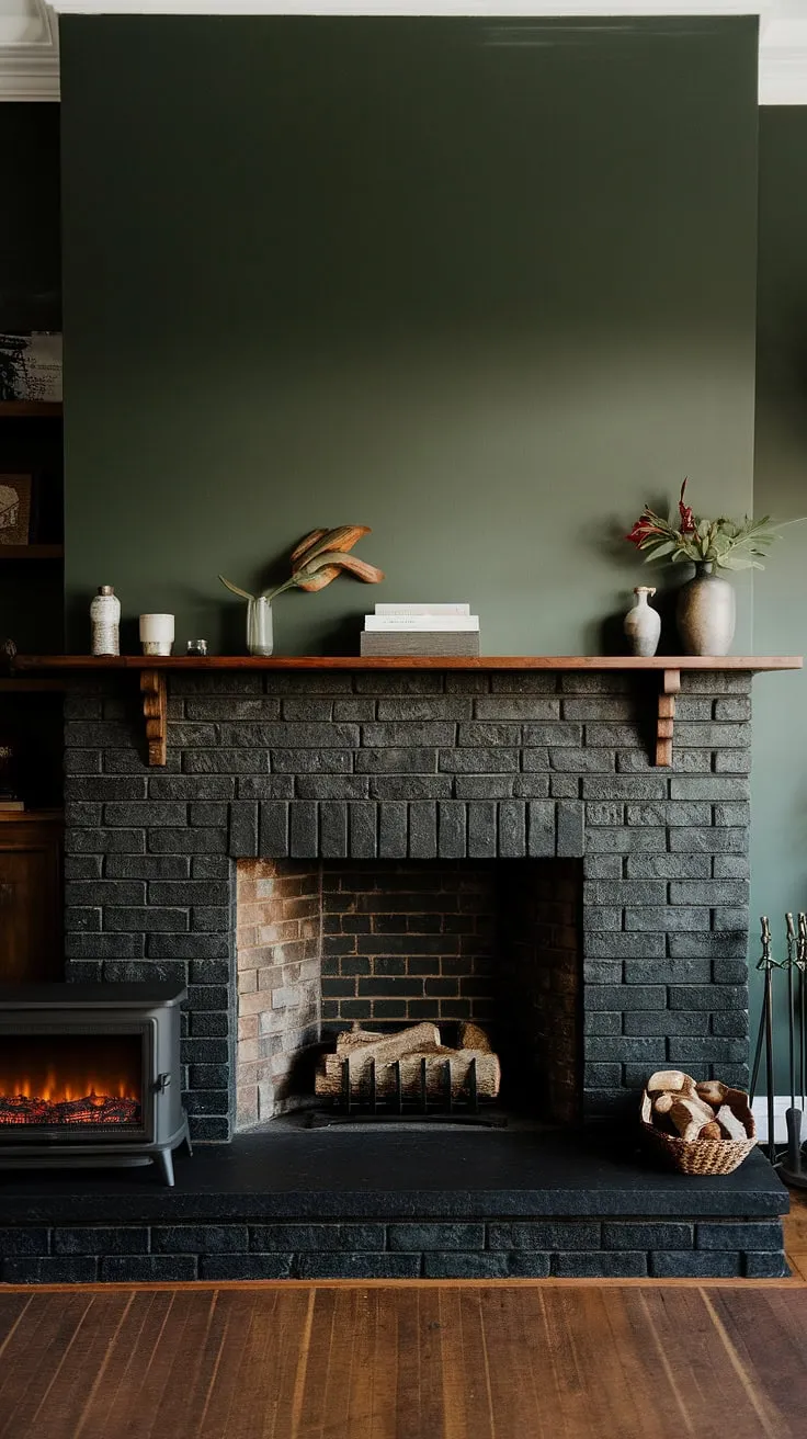 This dark and moody living room is anchored by a stunning black stack stone fireplace, a true showstopper with its unique mantle decor. The green wall behind it complements the black brick fireplace perfectly, offering a sophisticated take on living room fireplace ideas.  A smaller cottage electric fireplace adds extra warmth and ambiance, while the concrete mantle fireplace provides a modern touch.