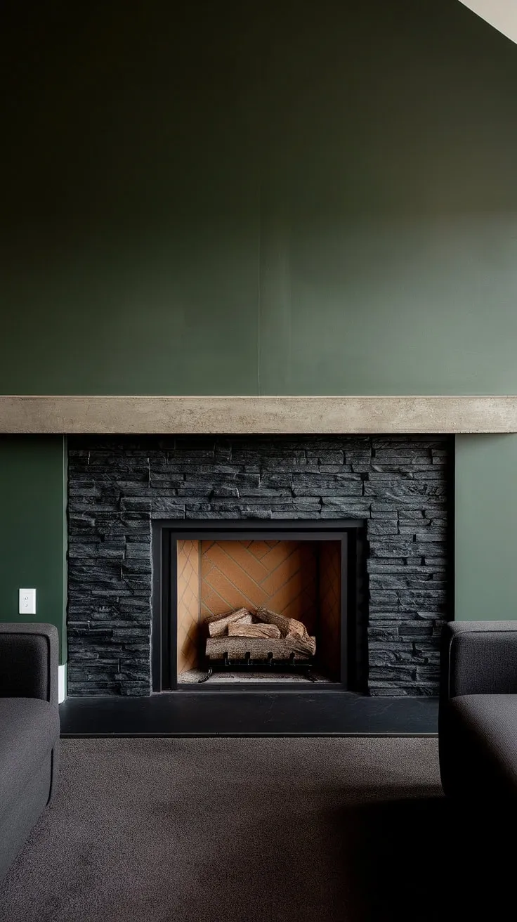 A green wall provides a vibrant backdrop for this striking black stack stone fireplace, a true showstopper in modern fireplace decor.  The concrete mantle fireplace adds a touch of industrial chic, while the alcove design maximizes space. This cottage electric fireplace offers the ambiance of a traditional hearth, making it a perfect example of living room fireplace ideas. The dark color fireplace and black brick fireplace create a dramatic and inviting atmosphere.