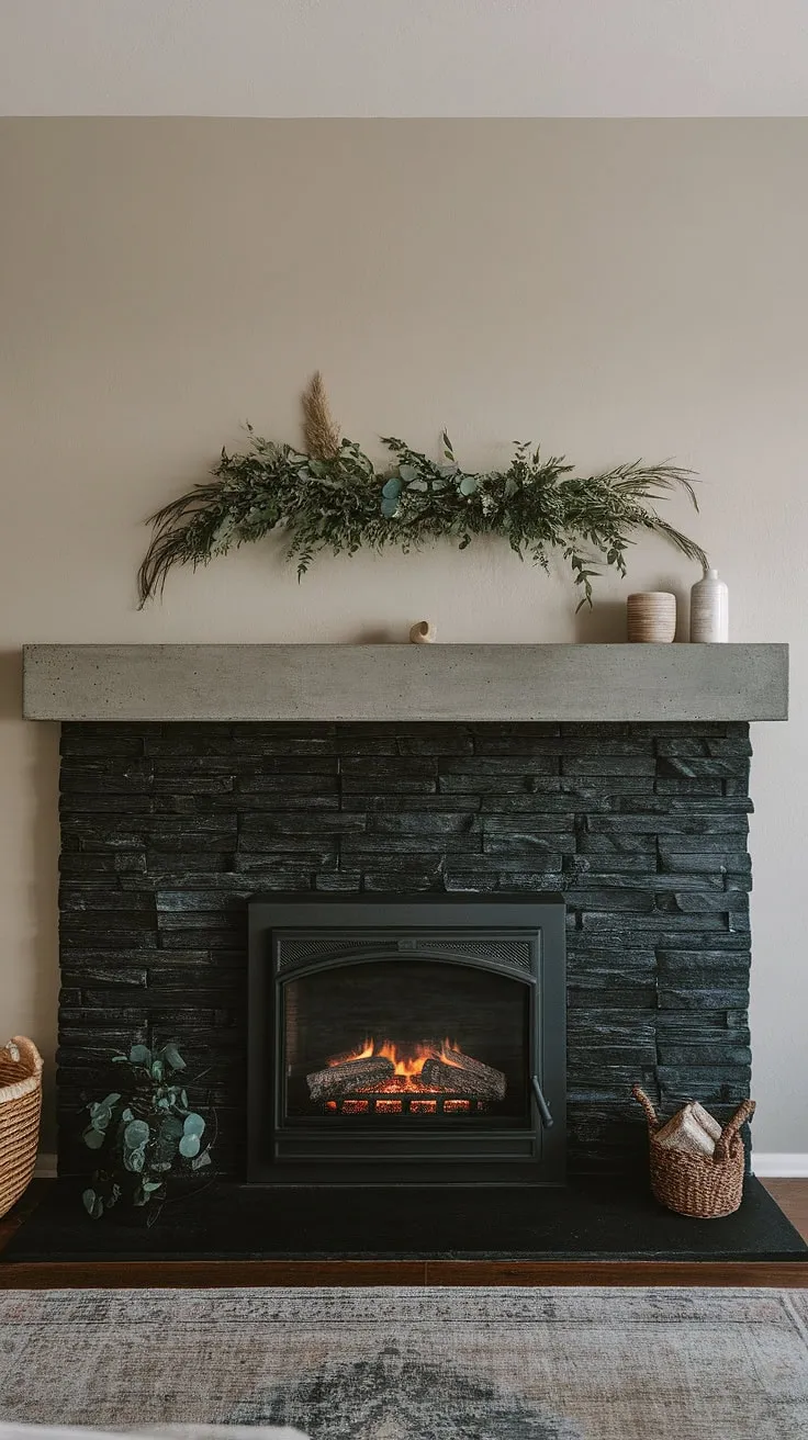 A stunning black stack stone fireplace, boasting a concrete mantle fireplace, creates a focal point in this bright living room. The dark color fireplace is beautifully contrasted by the unique mantle decor of vibrant greenery, a fresh take on green wall fireplace design. This modern fireplace decor showcases the perfect blend of rustic and contemporary, making it a prime example of living room fireplace ideas. The cottage electric fireplace provides cozy ambiance.