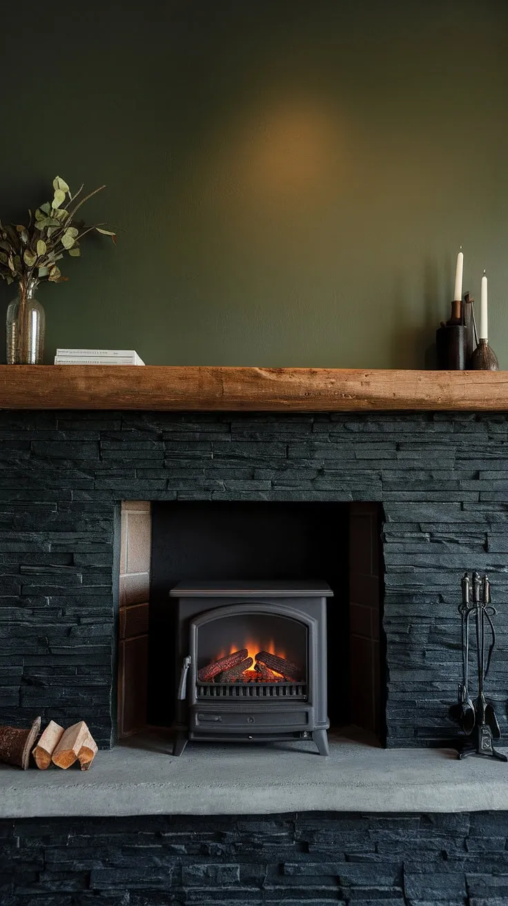 This green wall fireplace is the heart of this rustic living room.  The black stack stone fireplace, with its dark color fireplace interior, is a showstopper, especially with the unique mantle decor of a concrete mantle fireplace.  The alcove fireplace design is both modern and inviting, and the cottage electric fireplace adds a touch of cozy practicality.  Find inspiration for your own living room fireplace ideas with this stunning black brick fireplace.