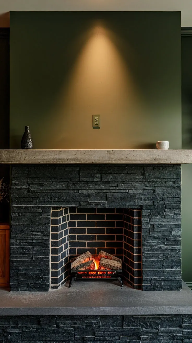 This living room's focal point is undeniably the stunning black stack stone fireplace.  The black brick interior adds depth to this alcove fireplace, while the concrete mantle provides a sleek, modern touch.  The unexpected green wall fireplace, accented by a charming cottage electric fireplace, creates a unique mantle decor.  This is the epitome of living room fireplace ideas, showcasing a sophisticated dark color fireplace design.