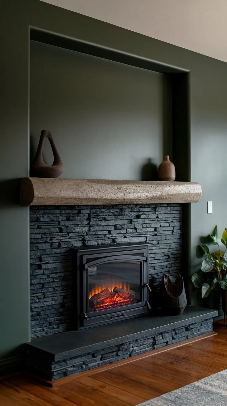 This alcove fireplace, a stunning blend of modern fireplace decor and rustic charm, anchors the living room. The black stack stone fireplace, with its unique concrete mantle, offers a dramatic focal point against the green wall.  This dark color fireplace, a cottage electric fireplace in design, provides warmth and style, showcasing innovative living room fireplace ideas.  The black brick fireplace effect adds depth and texture.