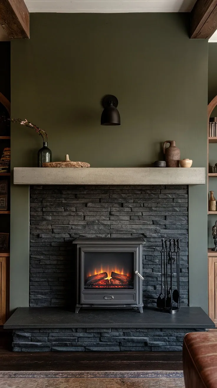 A black brick fireplace, or rather, a black stack stone fireplace masterpiece! This modern fireplace decor, featuring a cottage electric fireplace set within a green wall alcove, is the heart of this sophisticated living room. The concrete mantle fireplace, showcasing unique mantle decor, completes the dark color fireplace's rustic and cozy ambiance.  Explore these living room fireplace ideas for your own home.