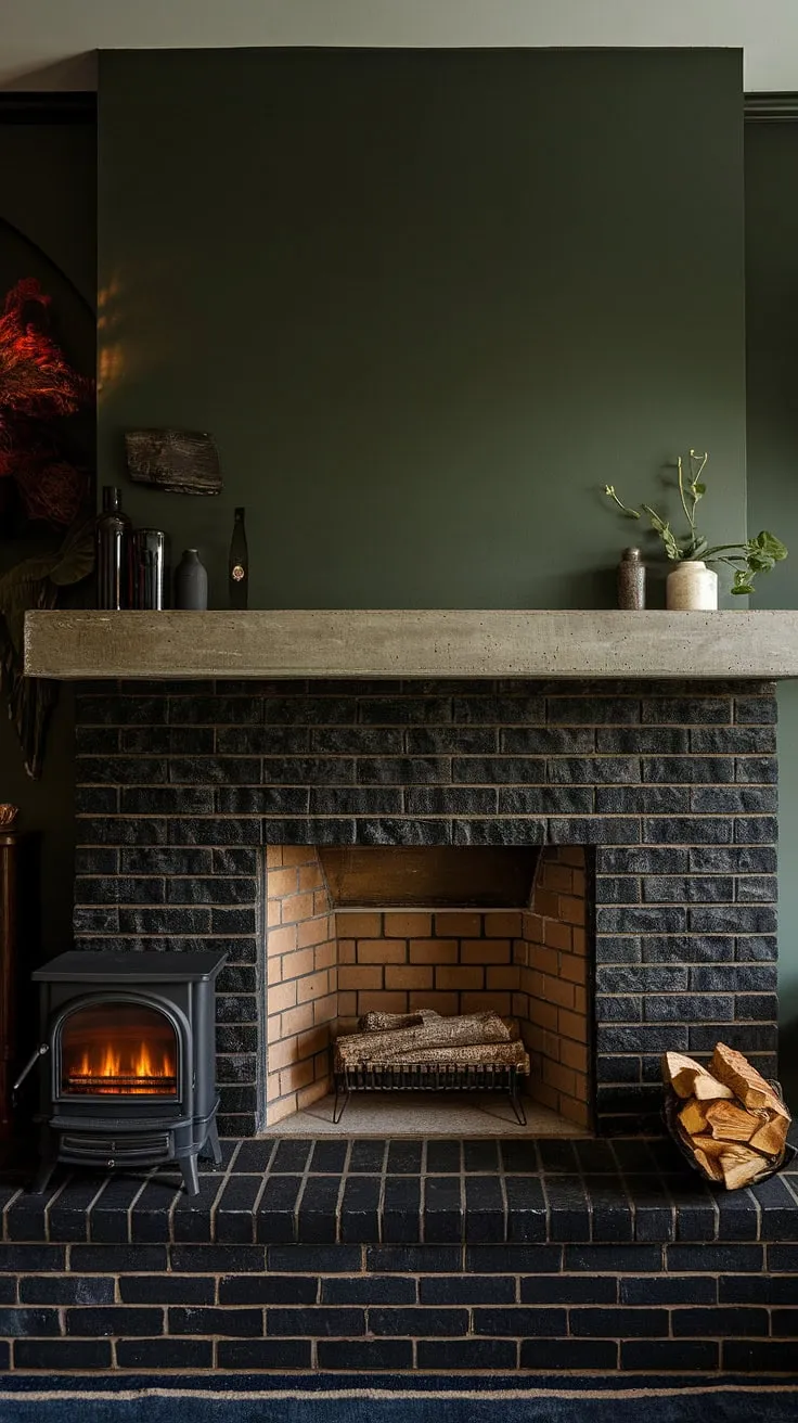 This living room's dramatic ambiance is anchored by a stunning alcove fireplace. The black stack stone fireplace, with its unique concrete mantle, is perfectly complemented by the rich green wall and dark color scheme.  A cozy cottage electric fireplace adds extra warmth, showcasing the best of modern fireplace decor and offering inspiring living room fireplace ideas.  The black brick fireplace detail elevates the space, a testament to unique mantle decor.
